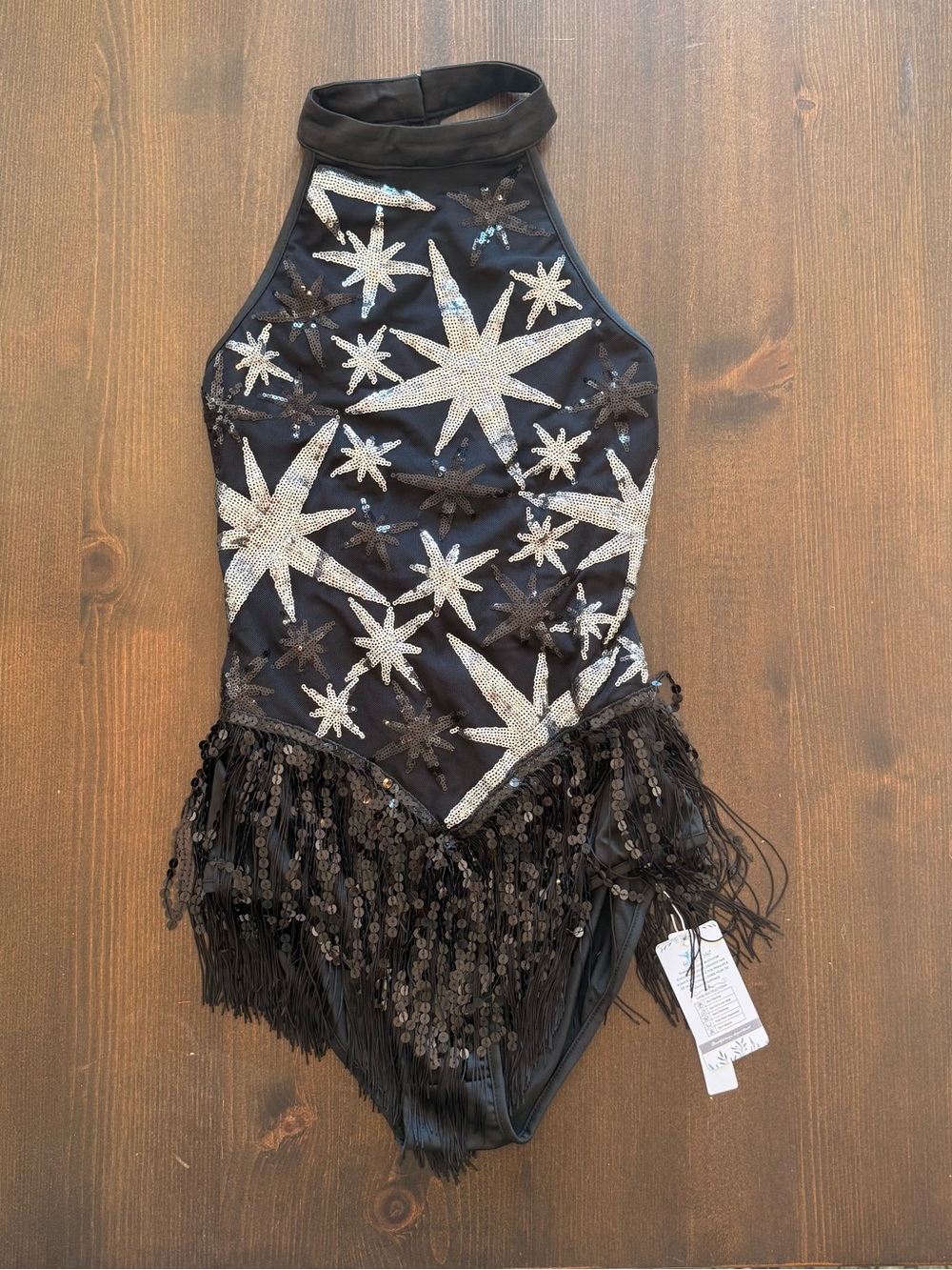 Silver & Black Sequin Star Halter Dance Bodysuit Dress open back women small NWT